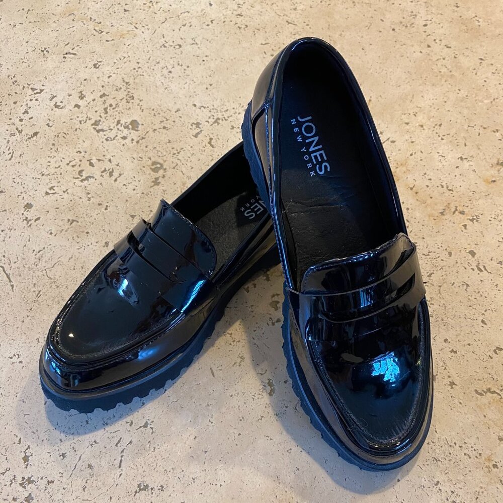 JONES NEW YORK PRIZEY Women's Black Patent Loafers Chunky Lug Heel Size 7.5